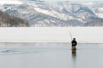 Japan, Hokkaido, Fisherman in winter Fisherman, winter, Frozen lake, Hokkaido, North, East, Winter,