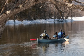 Japan, Hokkaido, Kayakers in winter Kayaker, people, winter, Frozen lake, Hokkaido, North, East,