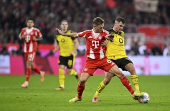 Duel, action Joshua Kimmich FC Bayern Munich FCB (06) against Pascal Gross Borussia Dortmund BVB