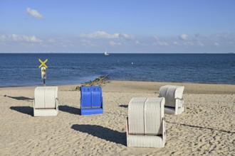 Beach with beach chairs on the North Sea, Wyk auf Föhr, North Frisian Island, North Frisia,
