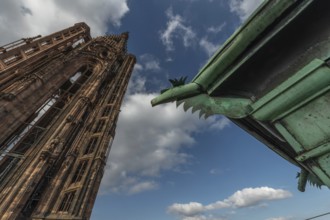 Strasbourg's Gothic cathedral stands majestically under a cloudy sky. In the background is an