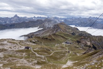View from Nebelhorn summit to Höfatsblick Nebelhornbahn station and mountains of the Allgäu Alps,