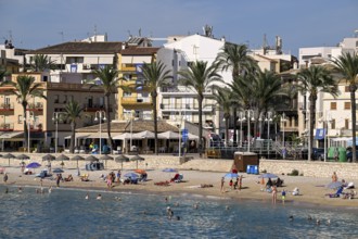 View of the beach and old town of Jávea or Xàbia, Alicante Province, Comunidad Valenciana, Spain