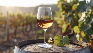 A glass of 10-year-old tawny wine placed on a barrel in a vineyard restaurant, vineyard landscape