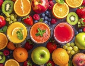 Fresh fruit juices in glasses, surrounded by colorful fruits, showcasing healthy drinking and