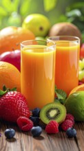 Fresh fruit juices in glasses, surrounded by colorful fruits, showcasing healthy drinking and