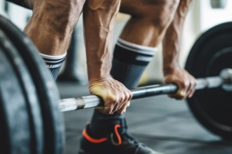 Man reaching for dumbbells on the floor. Strength training and fitness motivation. Generative AI,