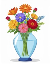 Crystal glass vase with vibrant blooming flowers, vibrant vector drawing illustration for fresh