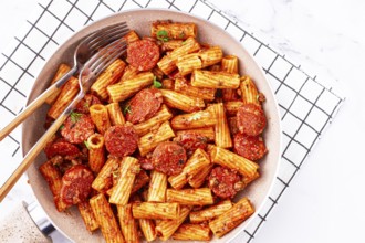 Rigatoni pasta with spicy sausage, and rich tomato sauce served, on a white plate, homemade