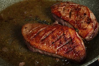 Cooking duck breast, in a frying pan, fried, with spices and herbs, close-up, no people