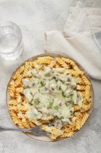 Fusilli pasta, with champignons, in creamy garlic sauce, with herbs and spices, sauce, no people