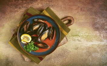 Fra Diavolo mussels, mussels in tomato sauce, Italian dish, on the table, top view, homemade, no