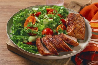 Delicious grilled duck breast served with fresh garden salad and cherry tomatoes at a rustic dining
