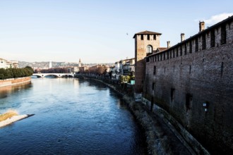 Adige River and Castelvecchio viewed from Castelvecchio Bridge. Verona, Province of Verona, Italy.