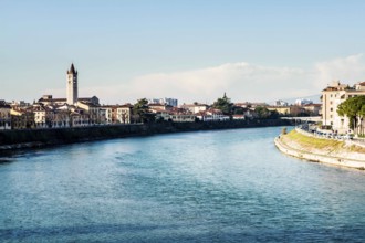Adige River viewed from Castelvecchio Bridge (Ponte di Castelvecchio). Verona, Province of Verona,