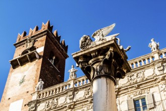 Column with the Lion of Saint Mark and Palazzo Maffei in the backgound at Piazza delle Erbe.