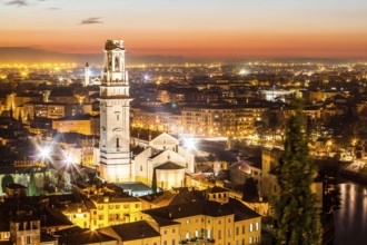 Verona Cathedral, Ponte Pietra and view of the city at evening from Castel San Pietro. Verona,