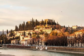 Adige River and Castel San Pietro in the background, viewed from Bridge Nuovo. Verona, Province of