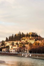 Adige River and Castel San Pietro in the background, viewed from Bridge Nuovo. Verona, Province of