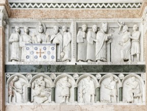Scene from the life of St. Martin above, month depictions, June, May, April, March, February, January, below, sculptor Guidetto and collaborators, Romanesque, main façade, cathedral, Cattedrale di San...