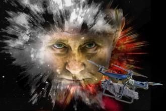 Symbolic image, Putin and Ukraine war, Russian drones over Ukraine and EU, sabotage by Russia,