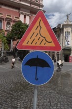 Signs on artificial rain system on Prešeren Square, umbrella, Ljubljana, Slovenia