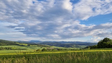 Sunny summer landscape with fields, meadows and forests (smartphone photo), Hübental, Witzenhausen,