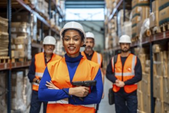Confident woman worker wearing a safety helmet and high visibility vest and holding a scanner,