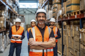 Warehouse manager with a safety helmet and high visibility vest standing with crossed arms, smiling