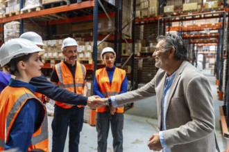 Warehouse manager in a suit shaking hands with a female logistics worker wearing a hard hat and