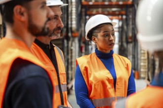 Industry professionals wearing safety vests and hard hats discussing work plans and operations in a