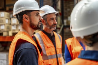 Warehouse workers wearing reflective vests and hard hats actively listening during a team meeting,