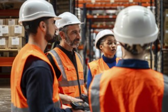 Diverse group of logistics professionals wearing safety vests and hard hats, collaborating and