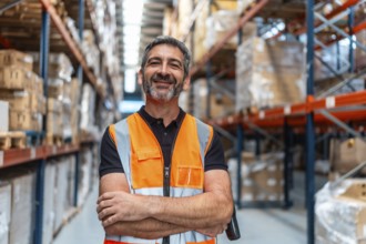 Hispanic male worker wearing a safety vest and holding a scanner in a large distribution warehouse,