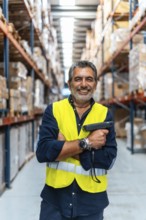 Experienced warehouse professional in a high visibility vest, smiling confidently with folded arms