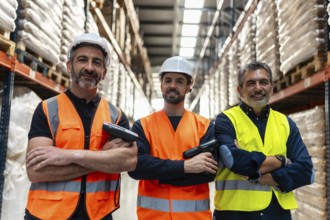 Three smiling male workers wearing hard hats and safety vests standing with arms crossed and