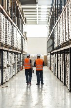 Two male warehouse workers in safety vests and hard hats walk down a tall shelved aisle inspecting