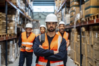 Warehouse supervisor in hard hat and safety vest stands with arms crossed, leading a diverse team