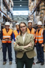 Female manager stands confidently with arms crossed before a diverse team of warehouse workers in