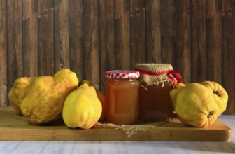 Still life with quinces and homemade quince jelly, autumn, Germany