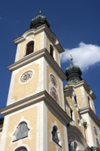 Towers of the Baroque Church of St. Jakob and St. Leonard, Hopfgarten im Brixentale, Tyrol, Austria