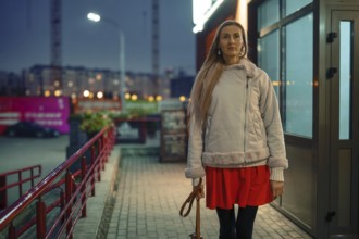 A woman dressed in a light jacket and red skirt walks along a sidewalk near shops in a city. The
