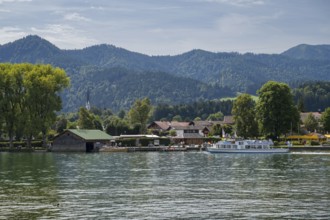 View of town, harbour with sightseeing boat, Tegernsee, Bad Wiessee, Upper Bavaria, Bavaria,