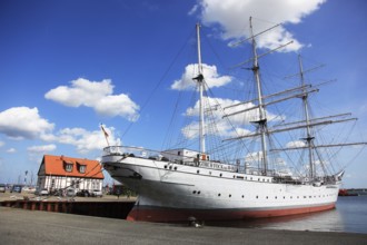 Gorch Fock, a sailing school ship rigged as a bark in the harbor, Stralsund, Vorpommern-Rügen