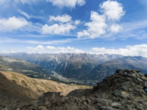 Scenic view from Gaislachkogel over the Ötztal Alps and down into the Ötztal near Sölden, Tyrol,