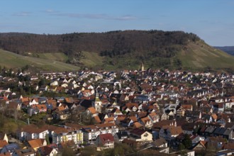 Urban view with hills in the background, red roofs dominate the urban landscape, Korb im Rems