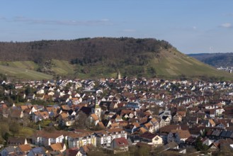 City view with hills in the background, lots of red house roofs and green surroundings under blue