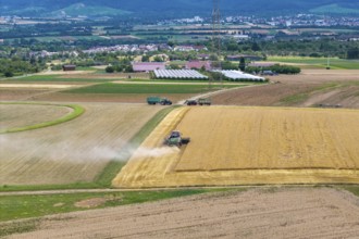 Tractors and combine harvesters harvesting in extensive fields, sunny summer landscape in the