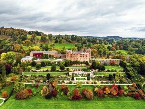 Autumn colours over Powis Castle and Garden from drone, Welshpool, Powys, Wales, England, United