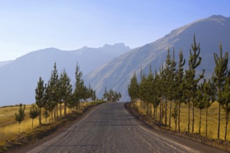 Sacred Valley Valle Sagrado scenic Andes mountains at sunset in Cusco, Peru